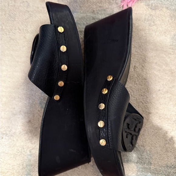 Tory Burch Black Leather Patti Wedge Sandals - Picture 2 of 7